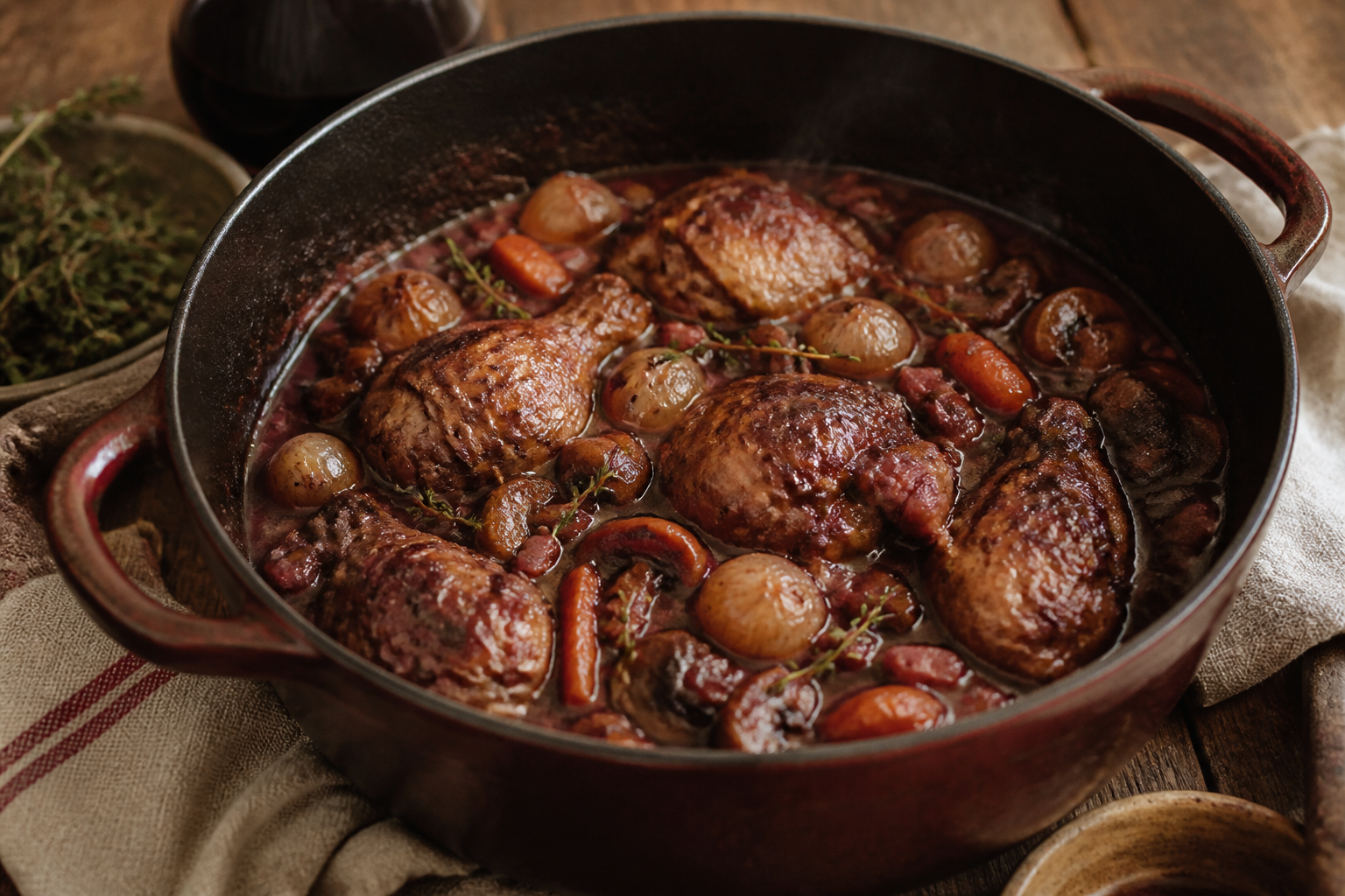 Marmite de coq au vin qui mijote