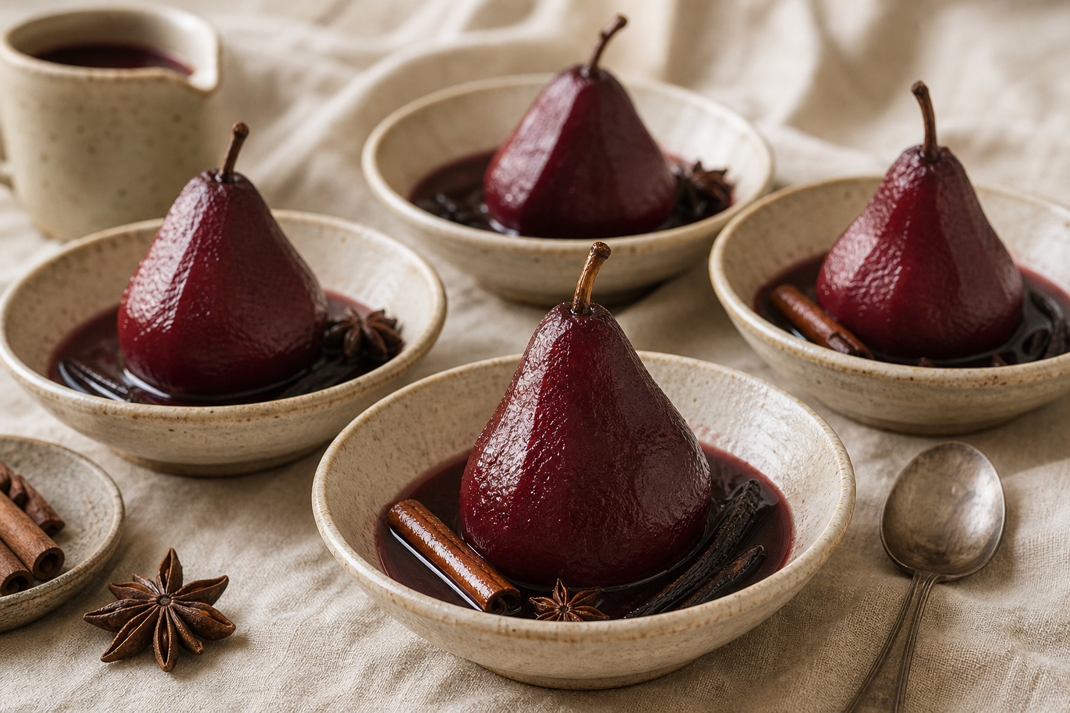 Poires pochées au vin rouge épicé